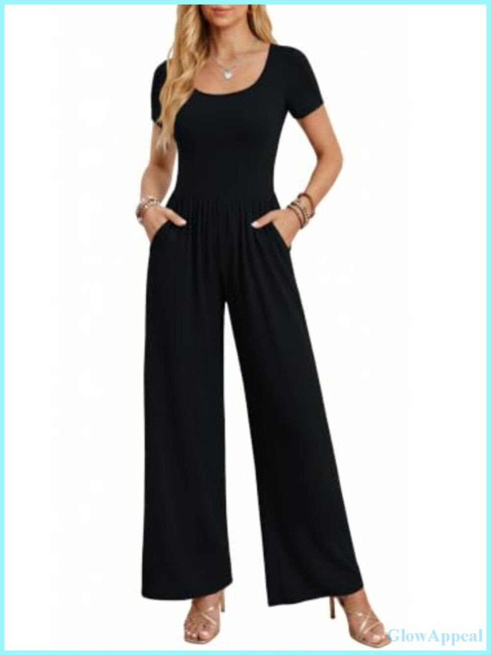 Women's Square Neck Wide Leg Jumpsuit Romper Short Sleeve